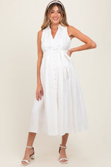 White Sleeveless Linen Blend Maternity Midi Shirt Dress