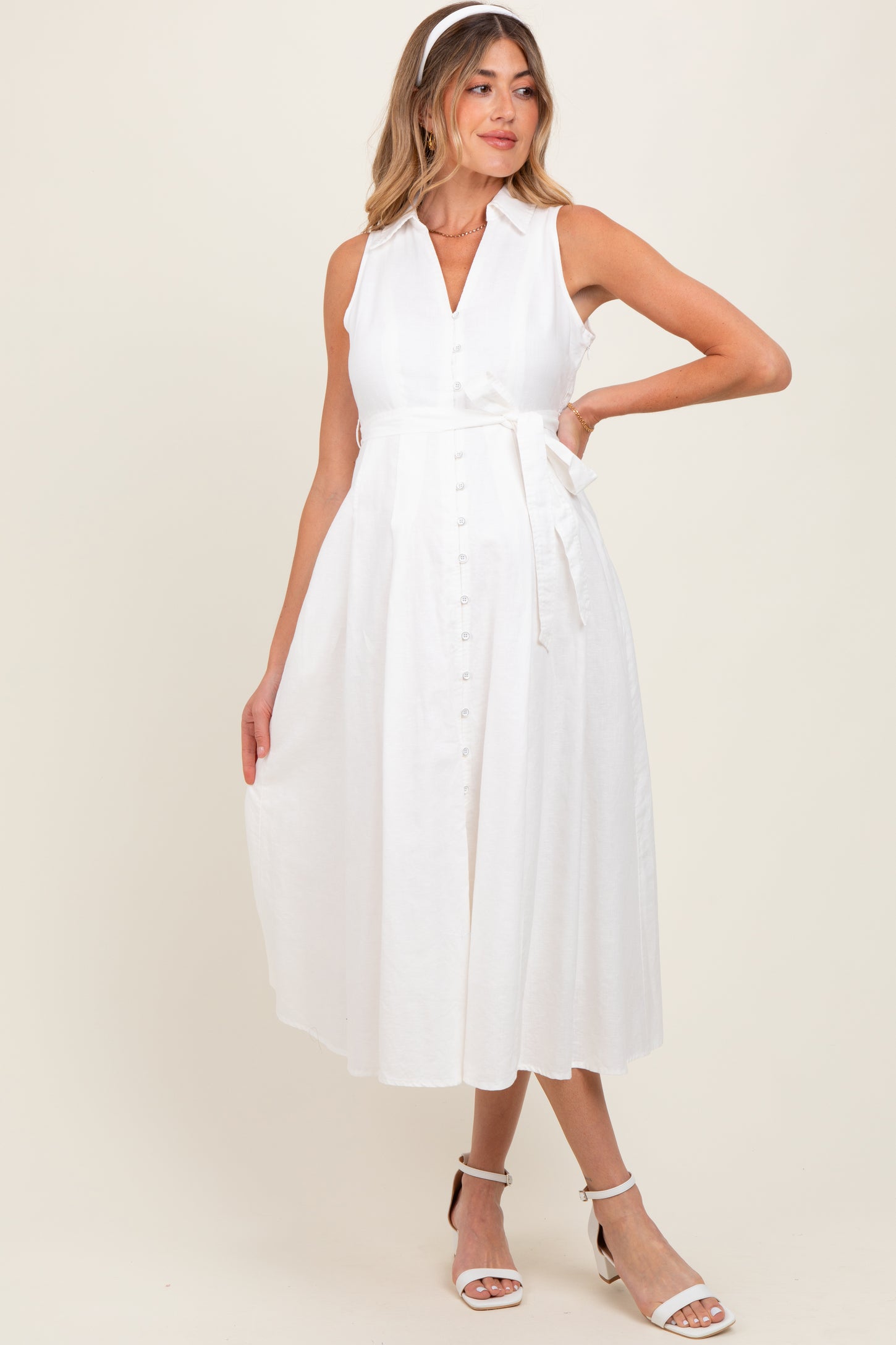 White Sleeveless Linen Blend Maternity Midi Shirt Dress PinkBlush White Sleeveless Linen Blend Maternity Midi Shirt Dress PinkBlush