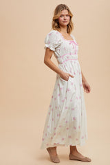 Ivory Bow Print Shirred Bodice Puff Sleeve Dress