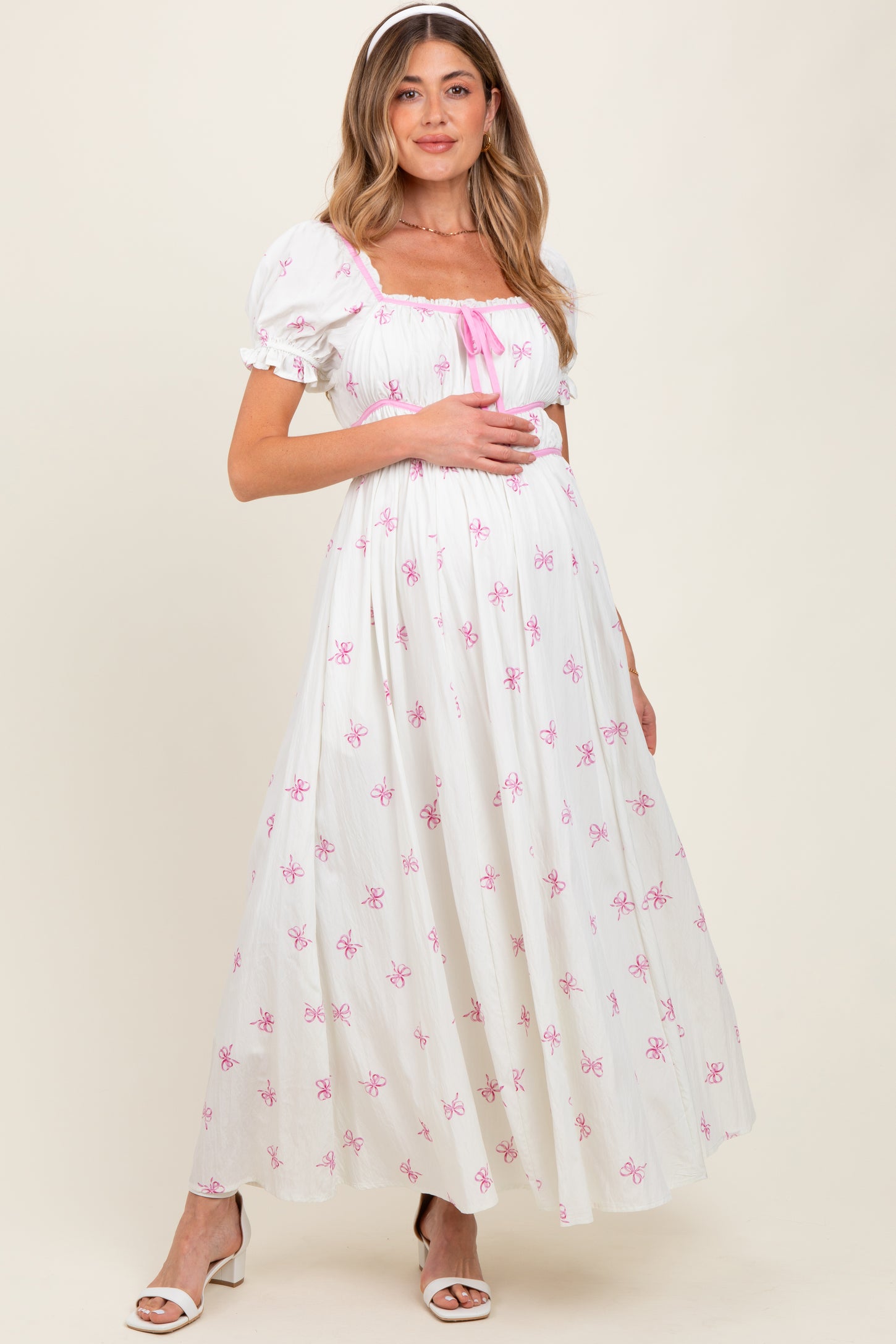 Ivory Bow Print Shirred Bodice Puff Sleeve Maternity Dress