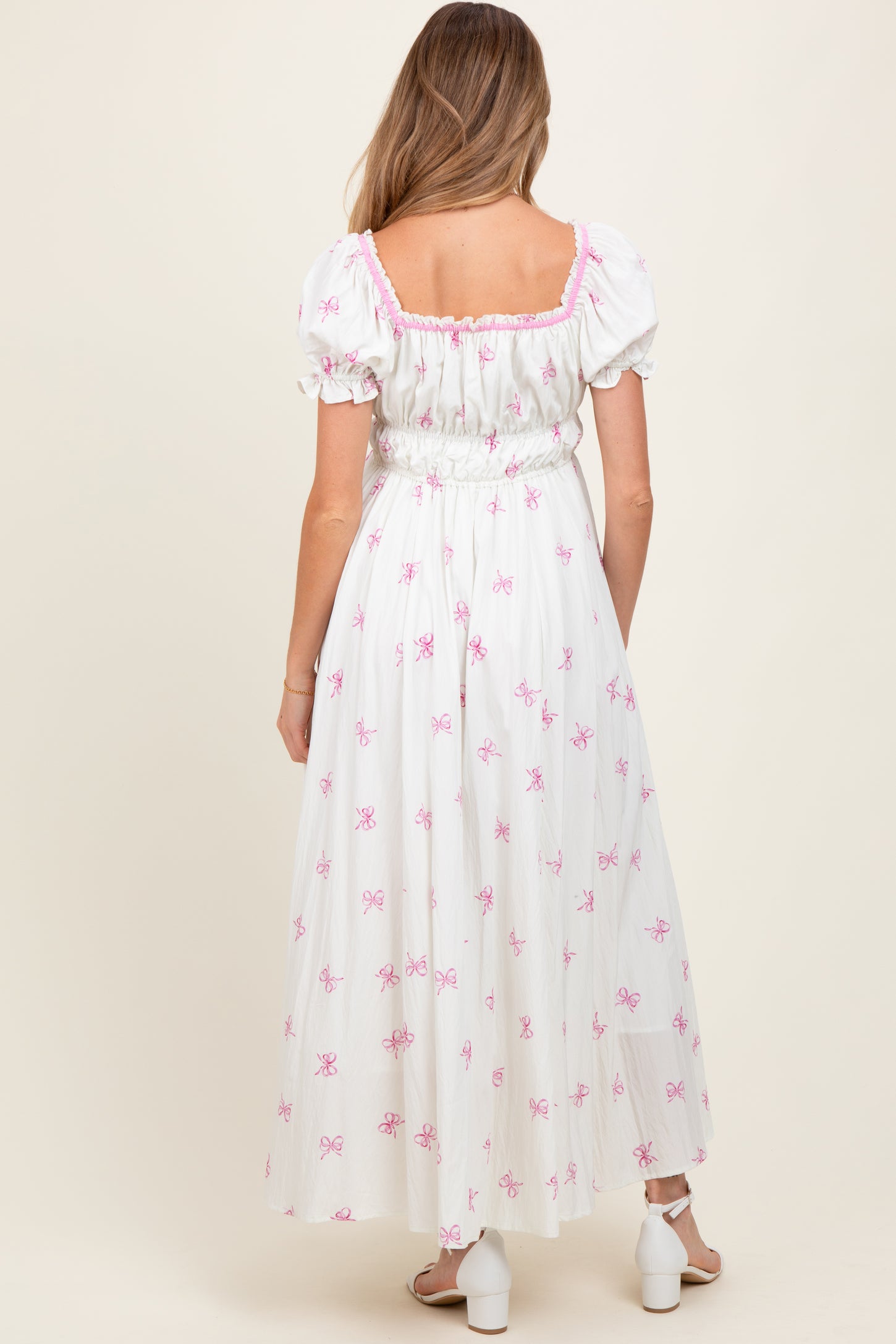 Ivory Bow Print Shirred Bodice Puff Sleeve Maternity Dress
