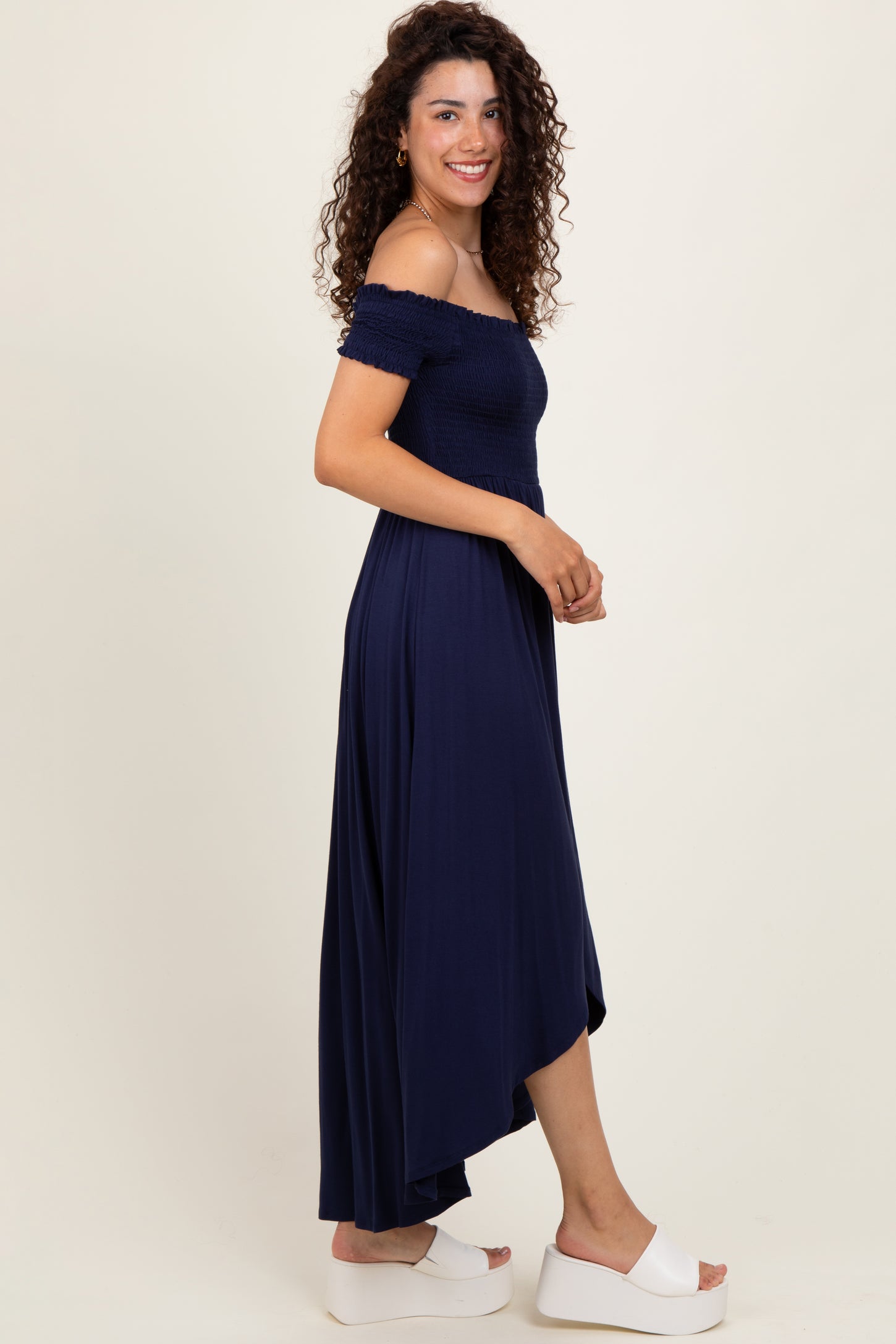 Navy Smocked Off The Shoulder Midi Dress