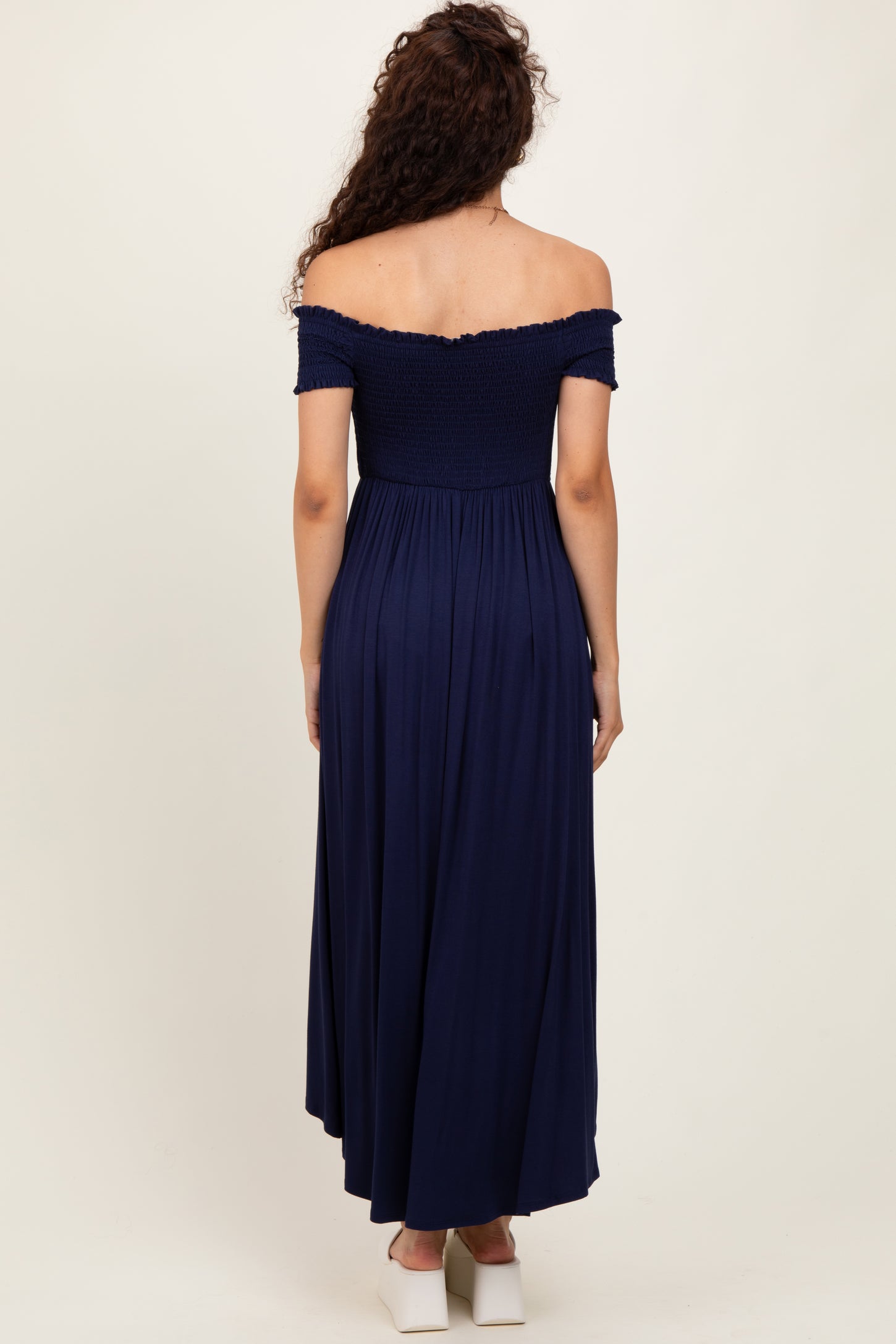 Navy Smocked Off The Shoulder Midi Dress