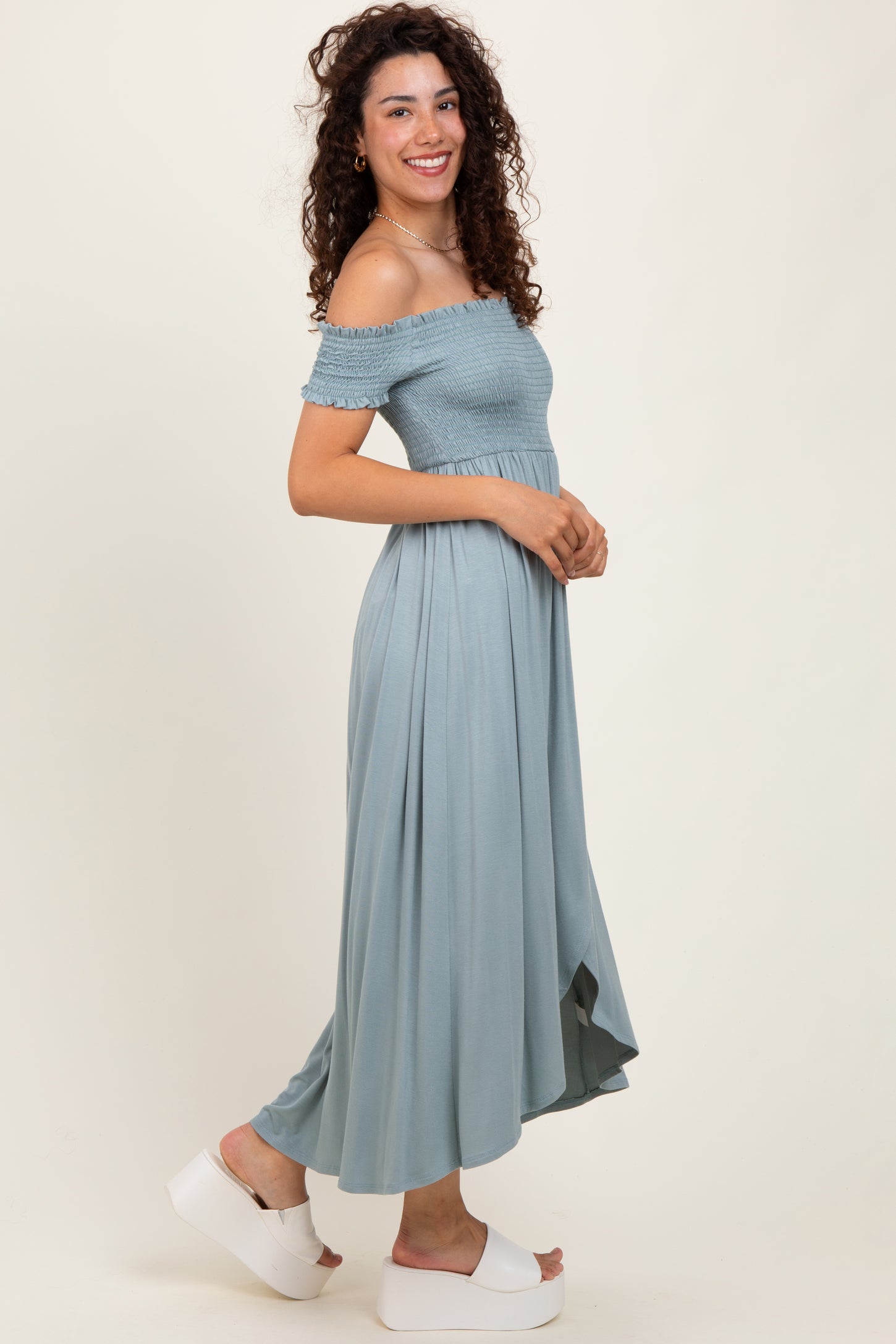 smocked off the shoulder midi dress Smocked Off-The-Shoulder Midi Dress