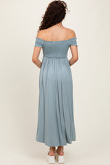 Light Olive Smocked Off The Shoulder Midi Dress