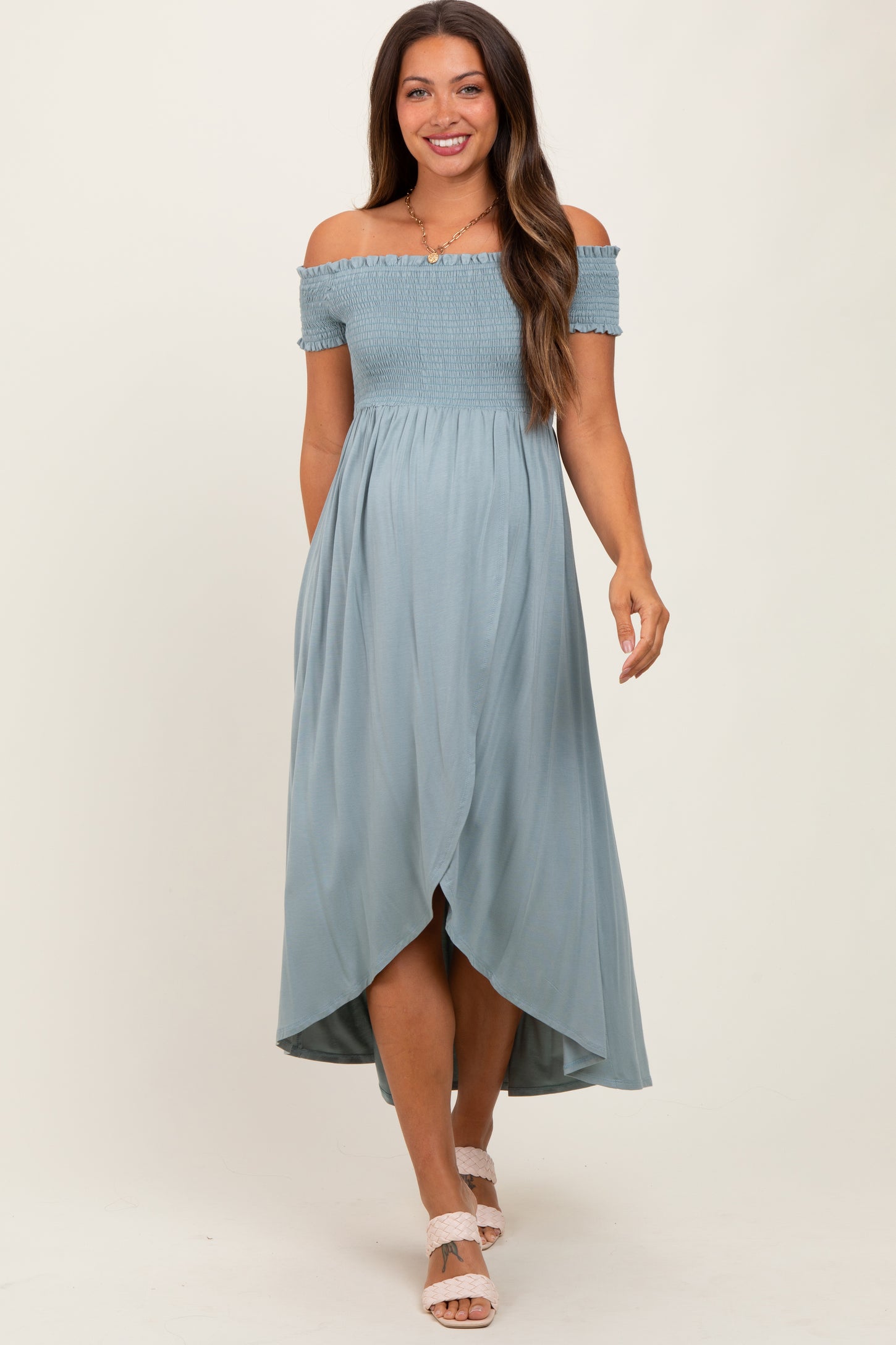 Light Olive Smocked Off The Shoulder Maternity Midi Dress