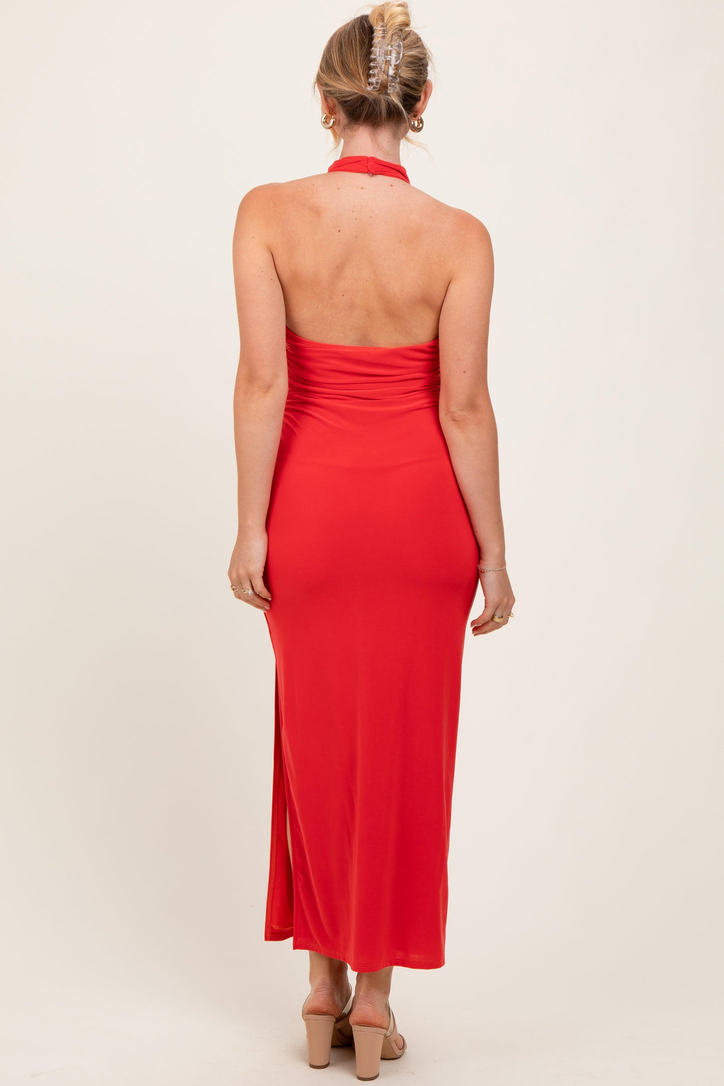 Red Halter Low Back Ruched Midi Dress PinkBlush Red Halter Low Back Ruched Midi Dress PinkBlush