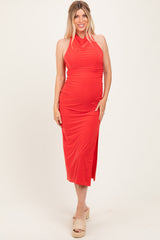 Red Halter Low Back Ruched Maternity Midi Dress