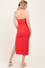 Red Halter Low Back Ruched Maternity Midi Dress