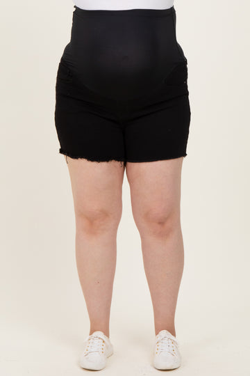 Black Cut Fringe Hem Maternity Plus Jean Shorts