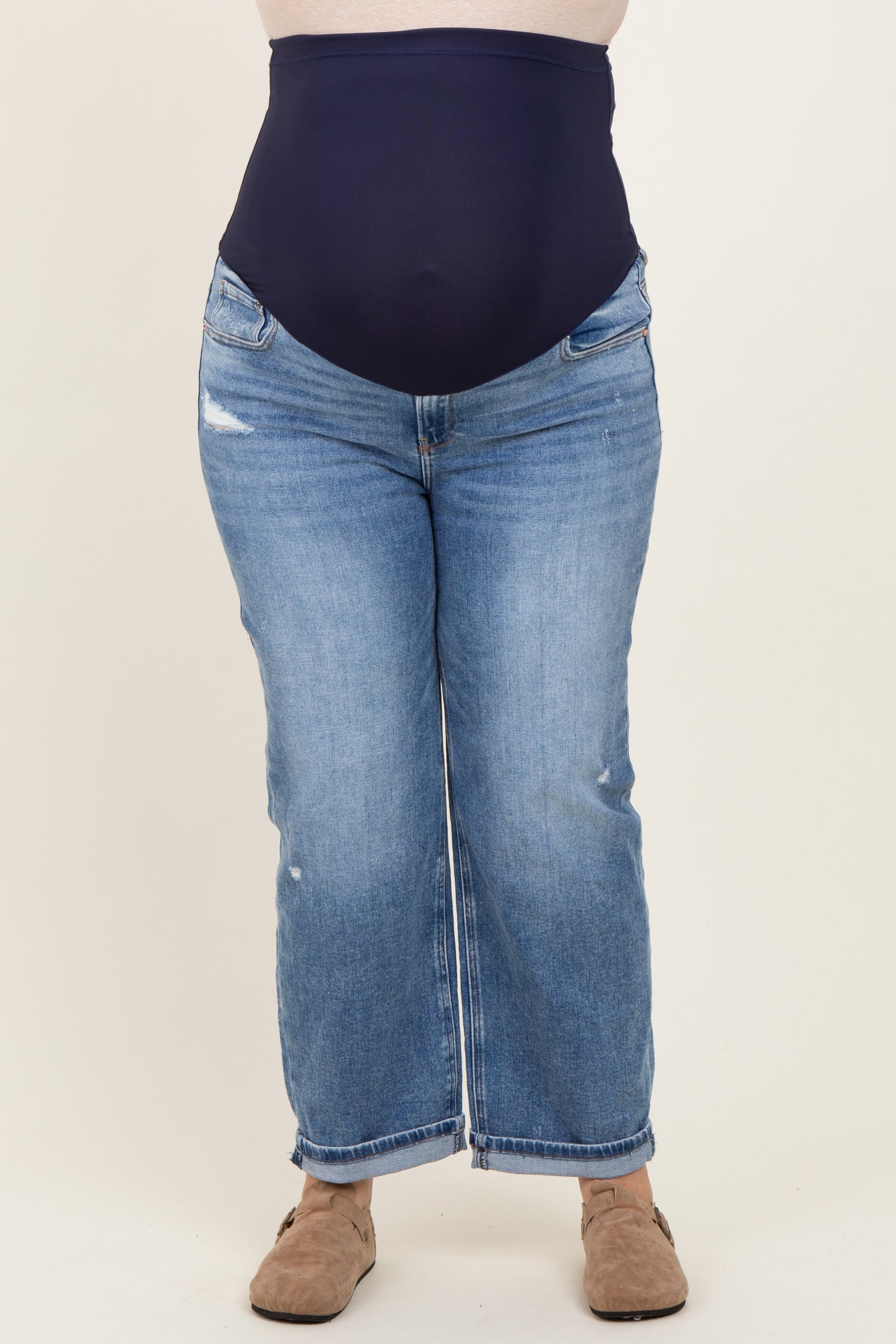 Blue Relaxed Cuffed Maternity Plus Ankle Straight Leg Jeans