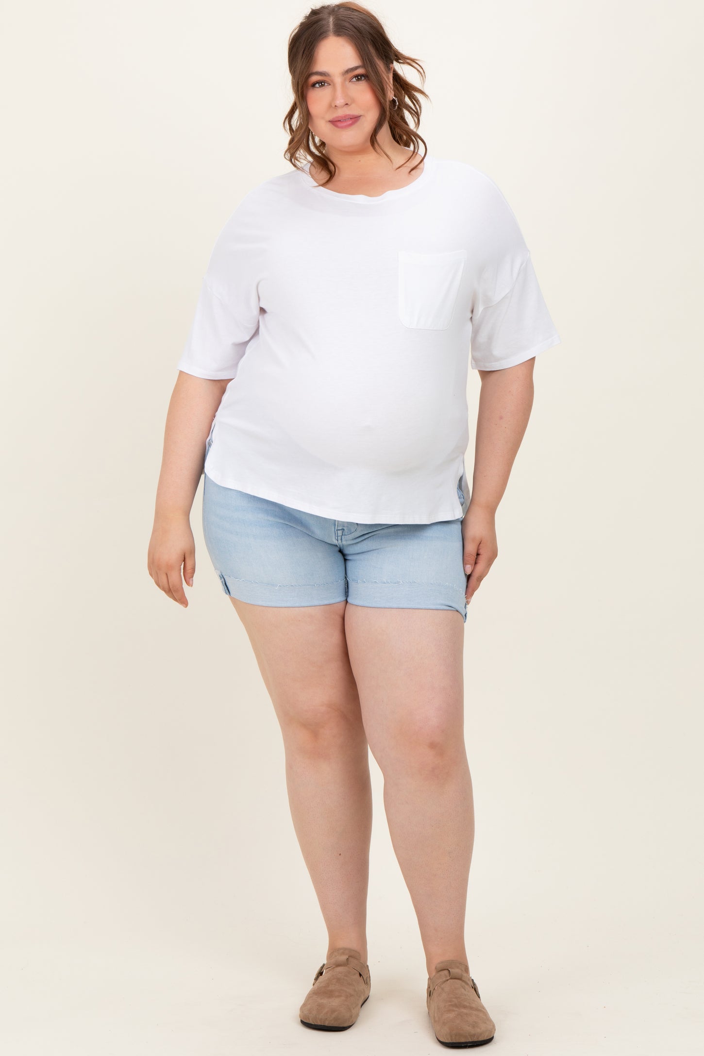 Light Blue Cuffed Raw Hem Maternity Plus Denim Shorts