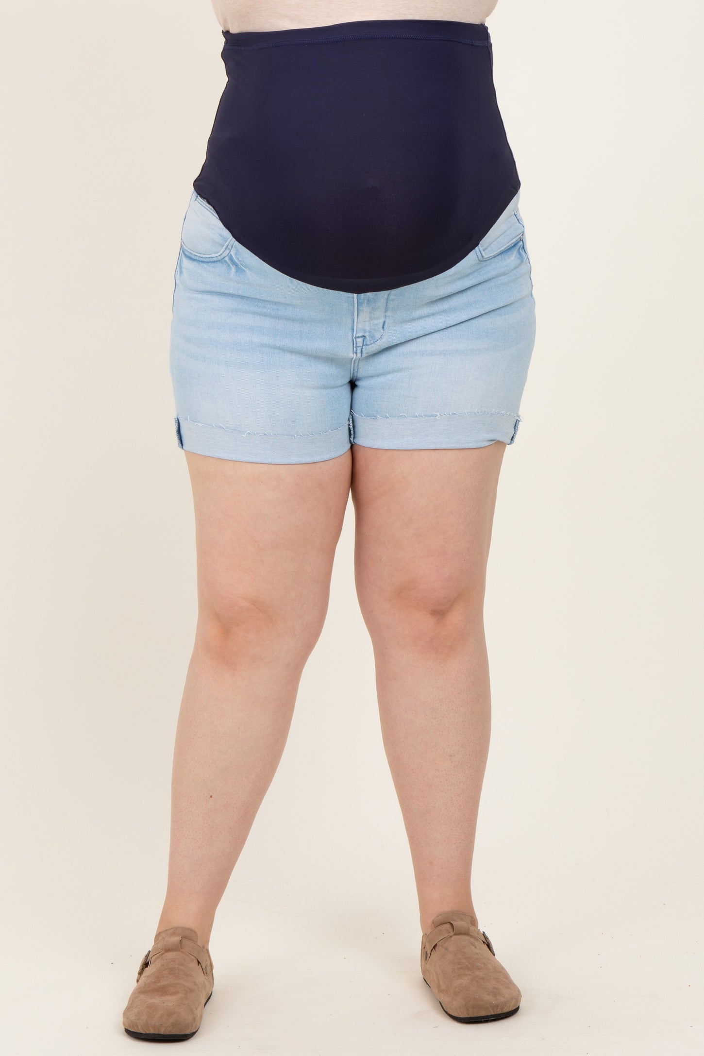 Light Blue Cuffed Raw Hem Maternity Plus Denim Shorts