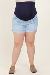 Light Blue Cuffed Raw Hem Maternity Plus Denim Shorts