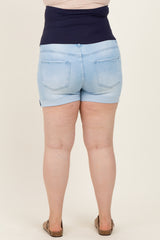 Light Blue Cuffed Raw Hem Maternity Plus Denim Shorts