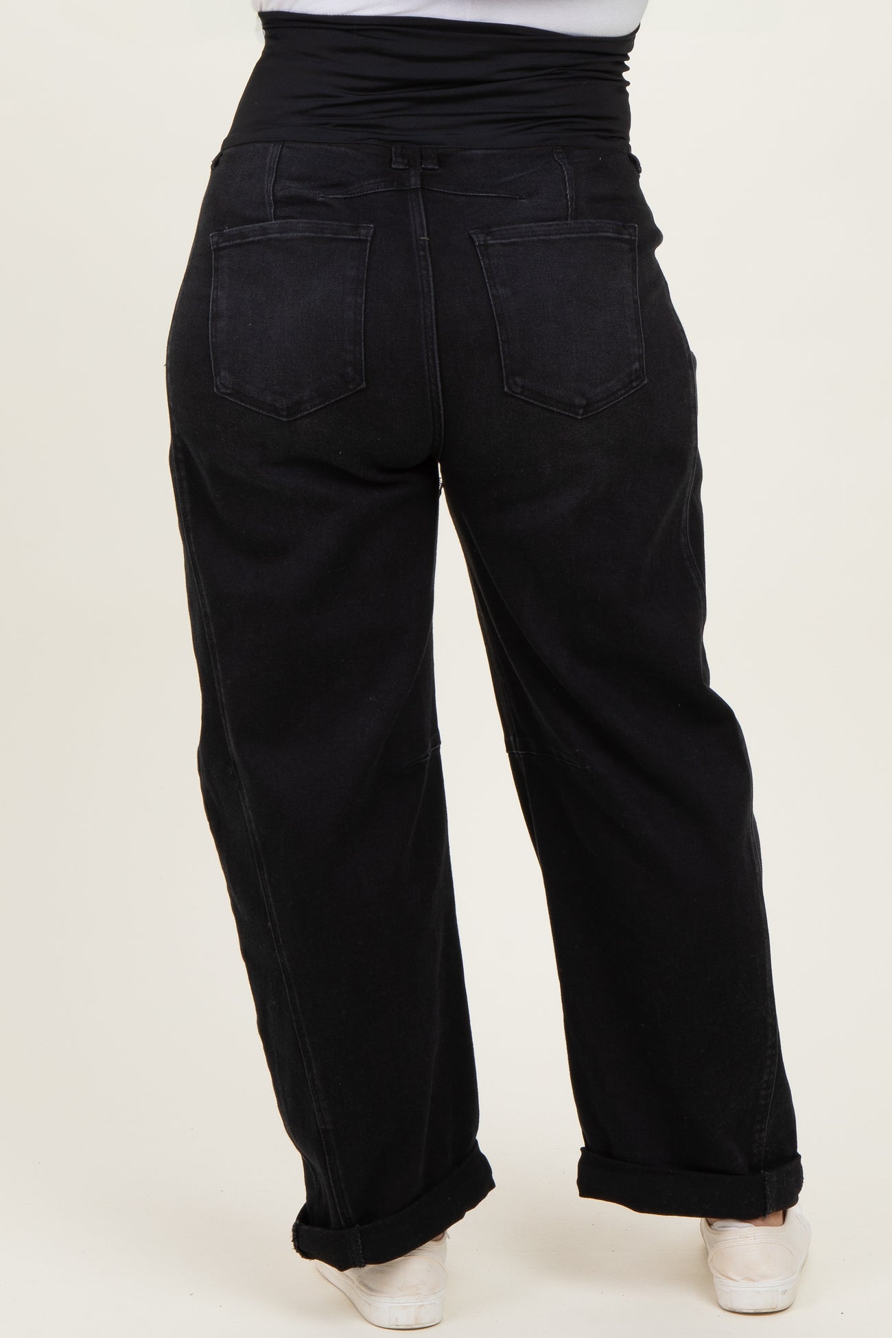 maternity plus black wide-leg jeans with a supportive waistband, visible back pockets and rolled cuffs