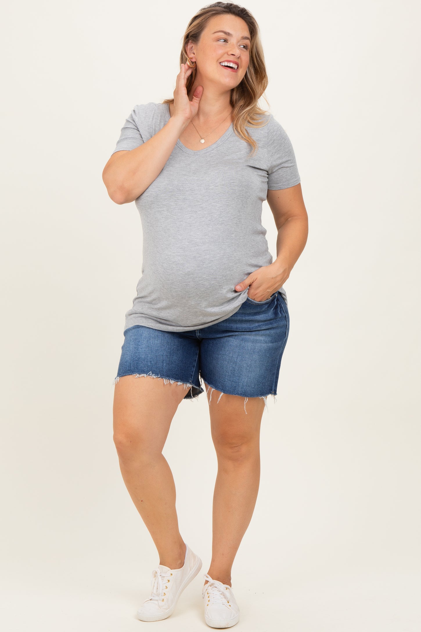 Navy Blue Raw Cut Hem Maternity Plus Denim Shorts