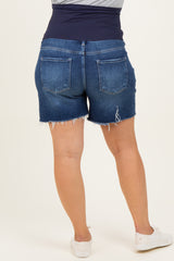 Navy Blue Raw Cut Hem Maternity Plus Denim Shorts