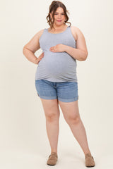 Blue Raw Cut Hem Cuffed Maternity Plus Jean Shorts