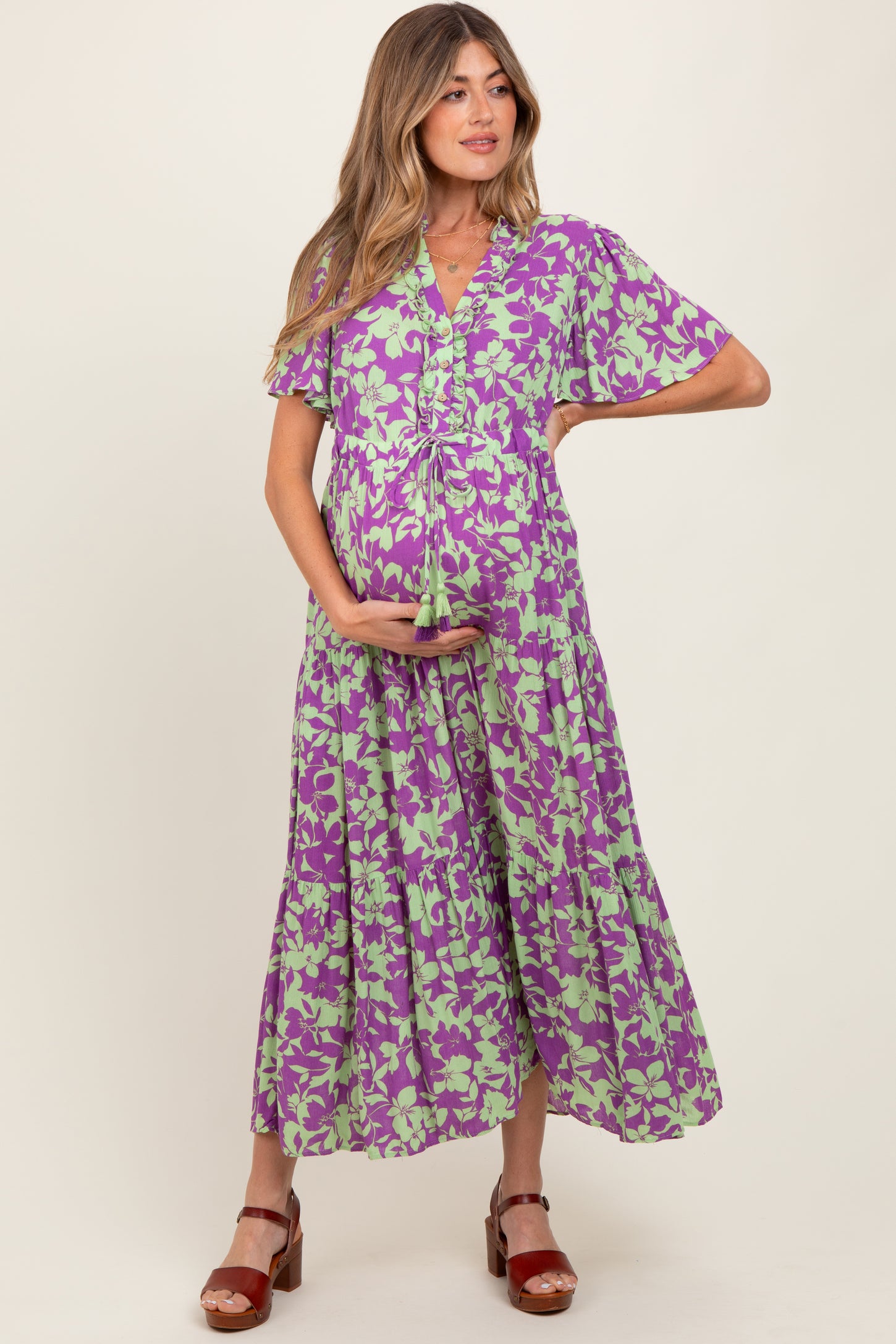 Mint Green Button Ruffle Detail Maternity Maxi Dress