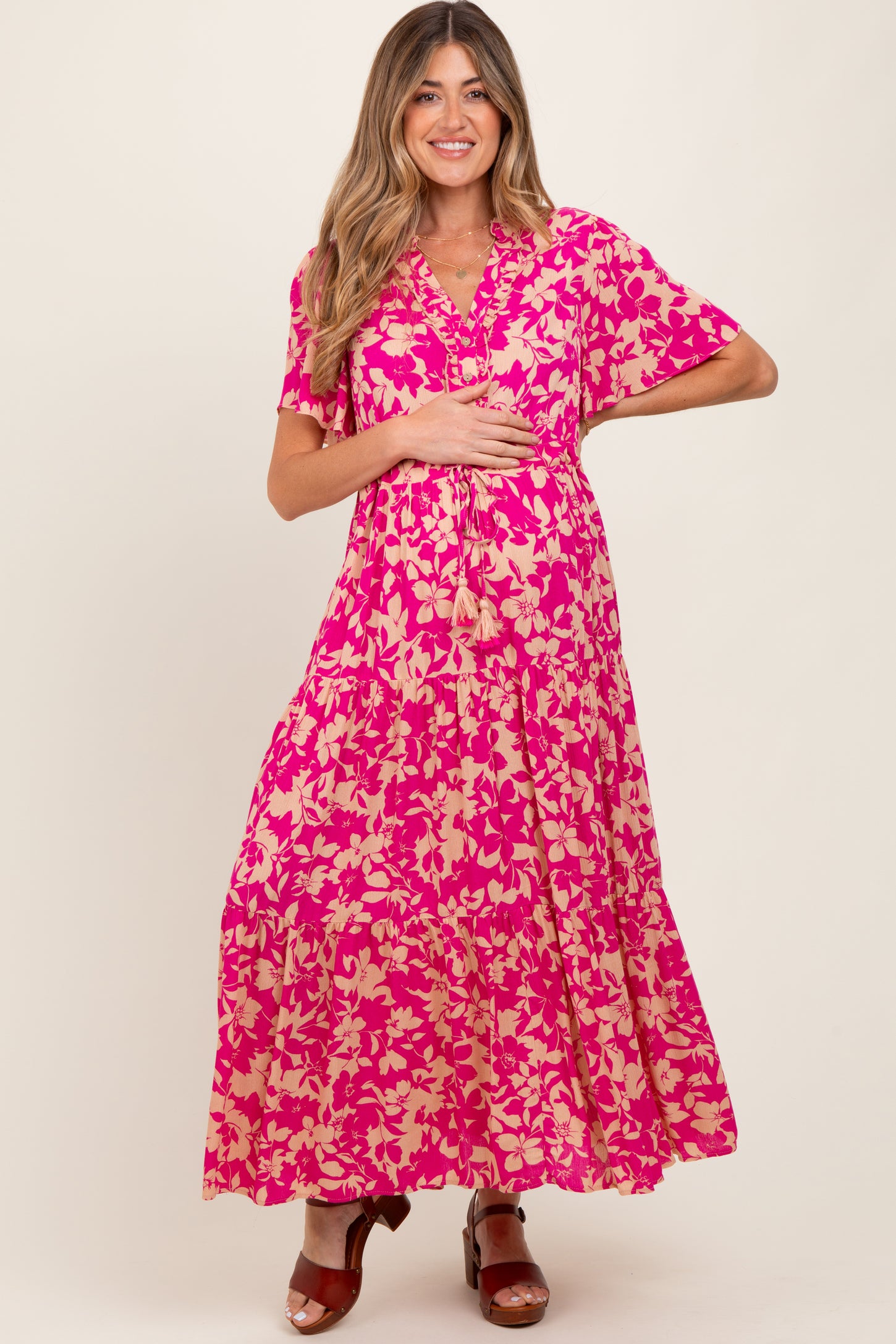 Fuchsia Button Ruffle Detail Maternity Maxi Dress