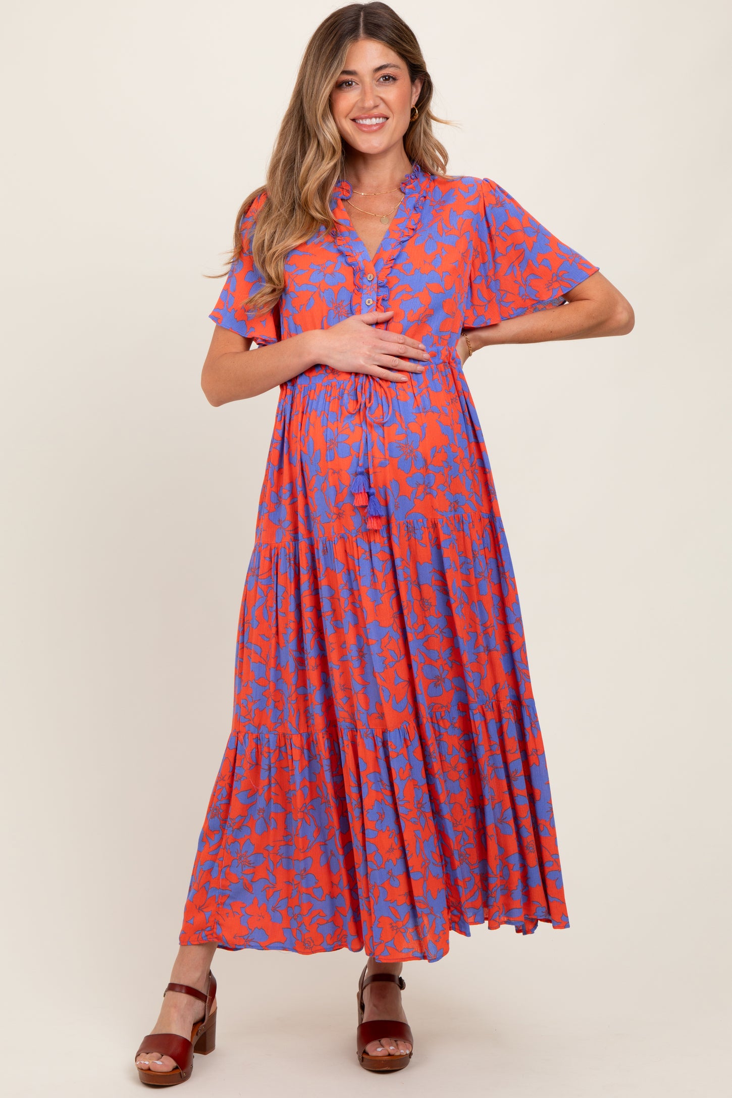 Orange Button Ruffle Detail Maternity Maxi Dress