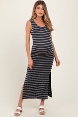 Black Striped Ribbed Sleeveless Side Slit Maternity Maxi Dress