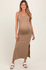 Camel Striped Ribbed Sleeveless Side Slit Maternity Maxi Dress