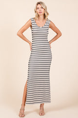 Ivory Striped Ribbed Sleeveless Side Slit Maxi Dress