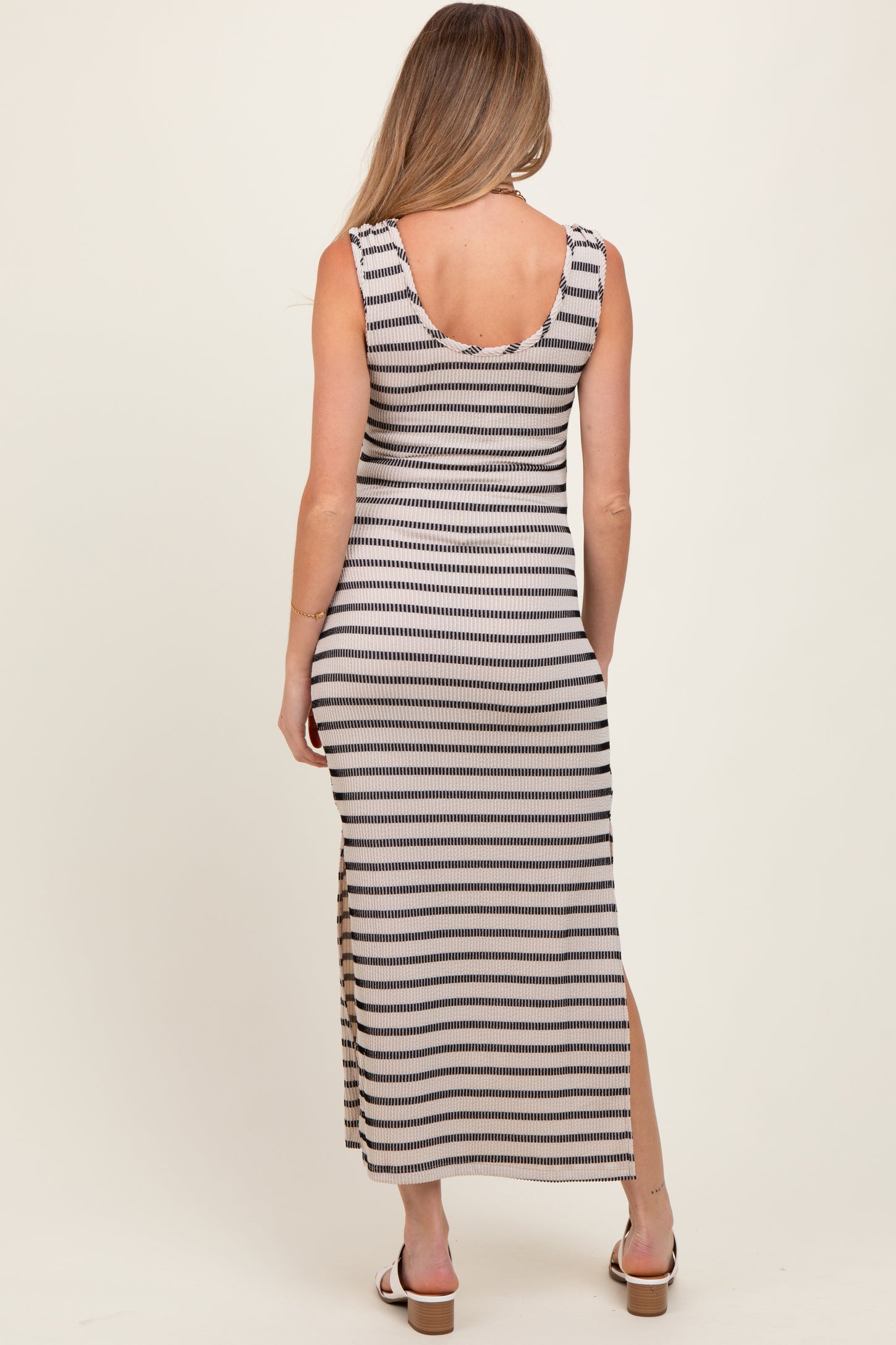 Ivory Striped Ribbed Sleeveless Side Slit Maternity Maxi Dress