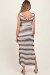 Ivory Striped Ribbed Sleeveless Side Slit Maternity Maxi Dress