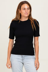 Black Ribbed Mock Neck Knit Maternity Short Sleeve Top