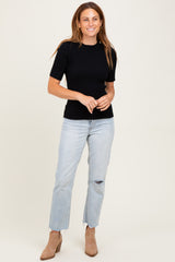 Black Ribbed Mock Neck Knit Short Sleeve Top