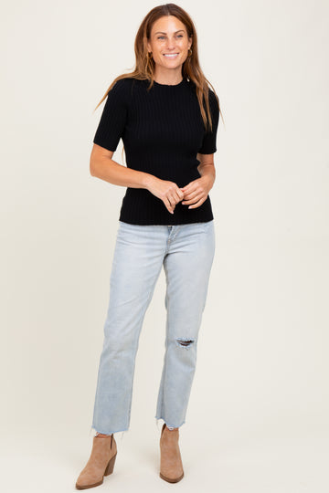 Black Ribbed Mock Neck Knit Short Sleeve Top