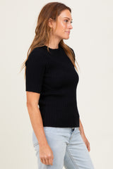 Black Ribbed Mock Neck Knit Short Sleeve Top