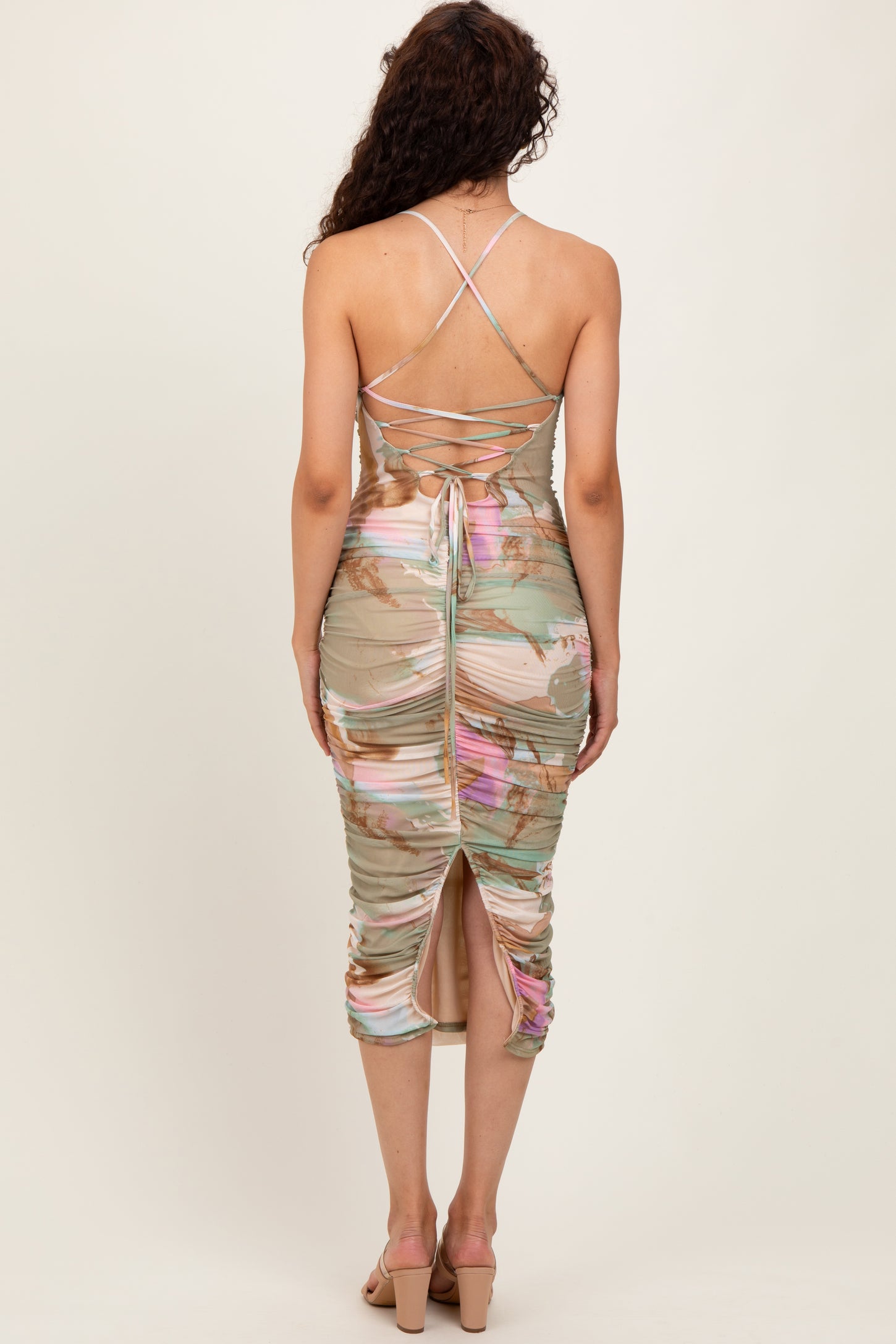 Light Olive Abstract Print Lace Up Back Ruched Midi Dress