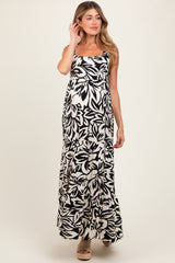 Black Floral Shoulder Tie Tiered Maternity Maxi Dress