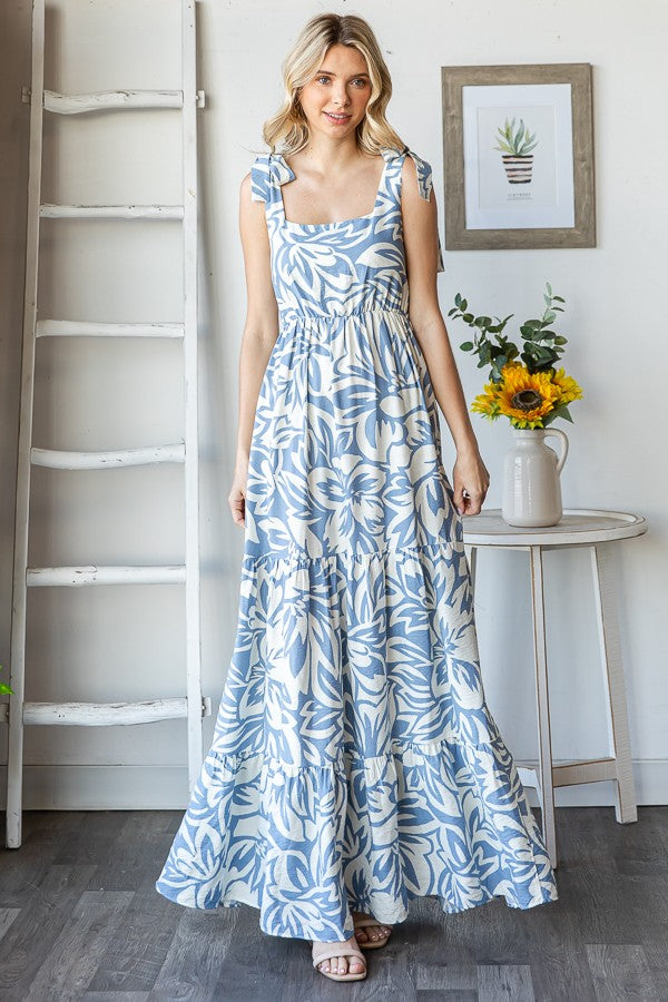 Blue Floral Shoulder Tie Tiered Maxi Dress