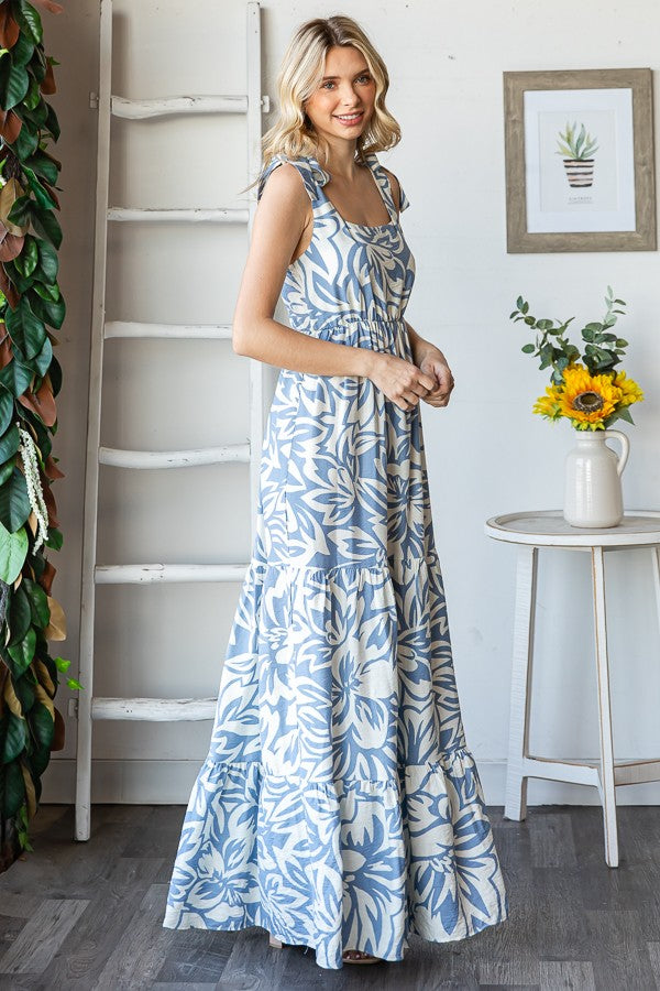 Blue Floral Shoulder Tie Tiered Maxi Dress