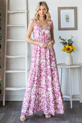 Mauve Floral Shoulder Tie Tiered Maxi Dress