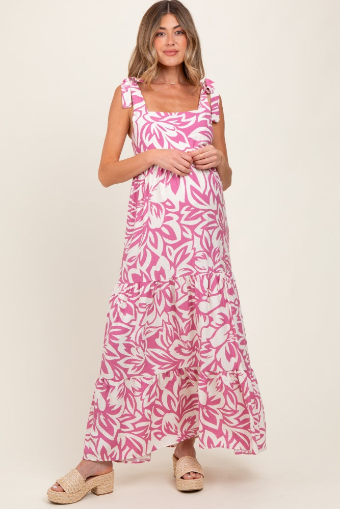 Mauve Floral Shoulder Tie Tiered Maternity Maxi Dress