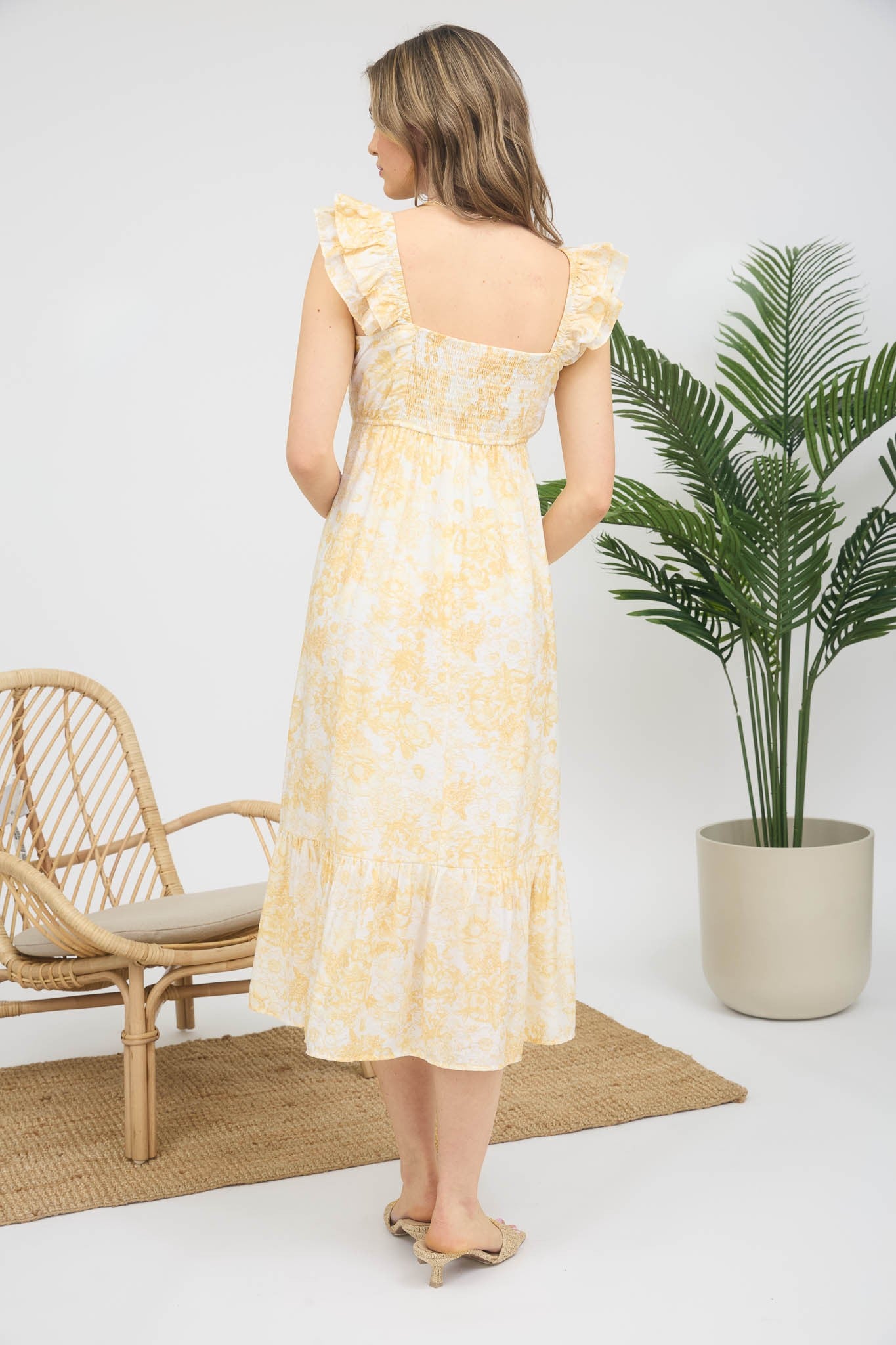 Yellow Floral Ruffle Strap Pleated Bodice Midi Dress