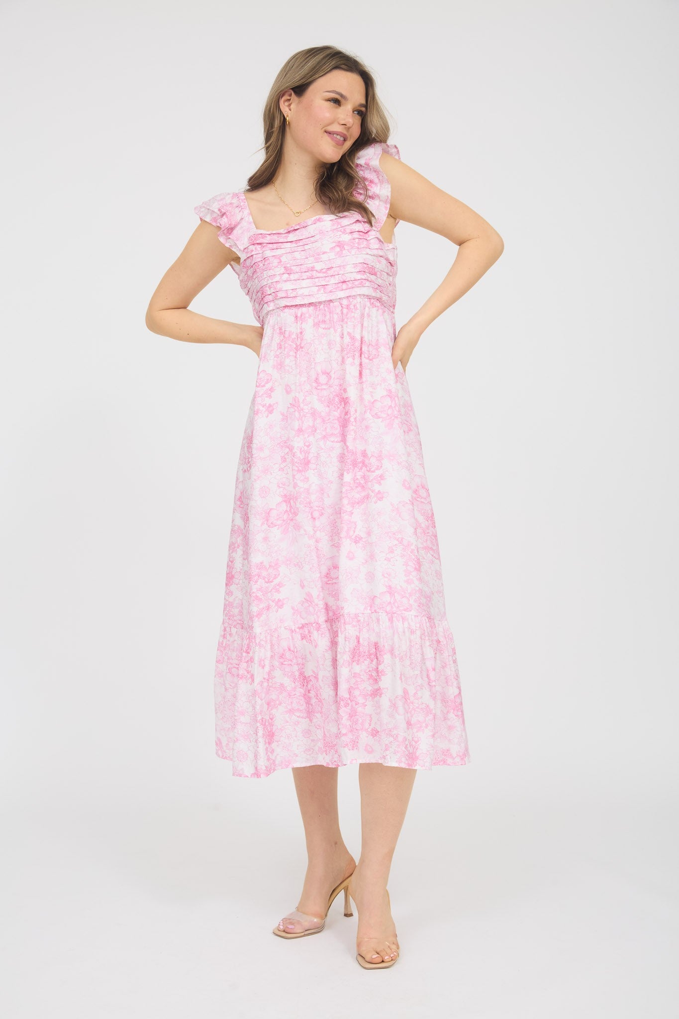 Pink Floral Ruffle Strap Pleated Bodice Midi Dress