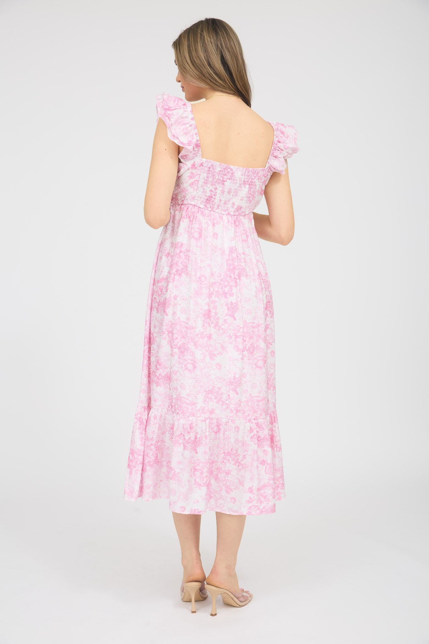 Pink Floral Ruffle Strap Pleated Bodice Midi Dress