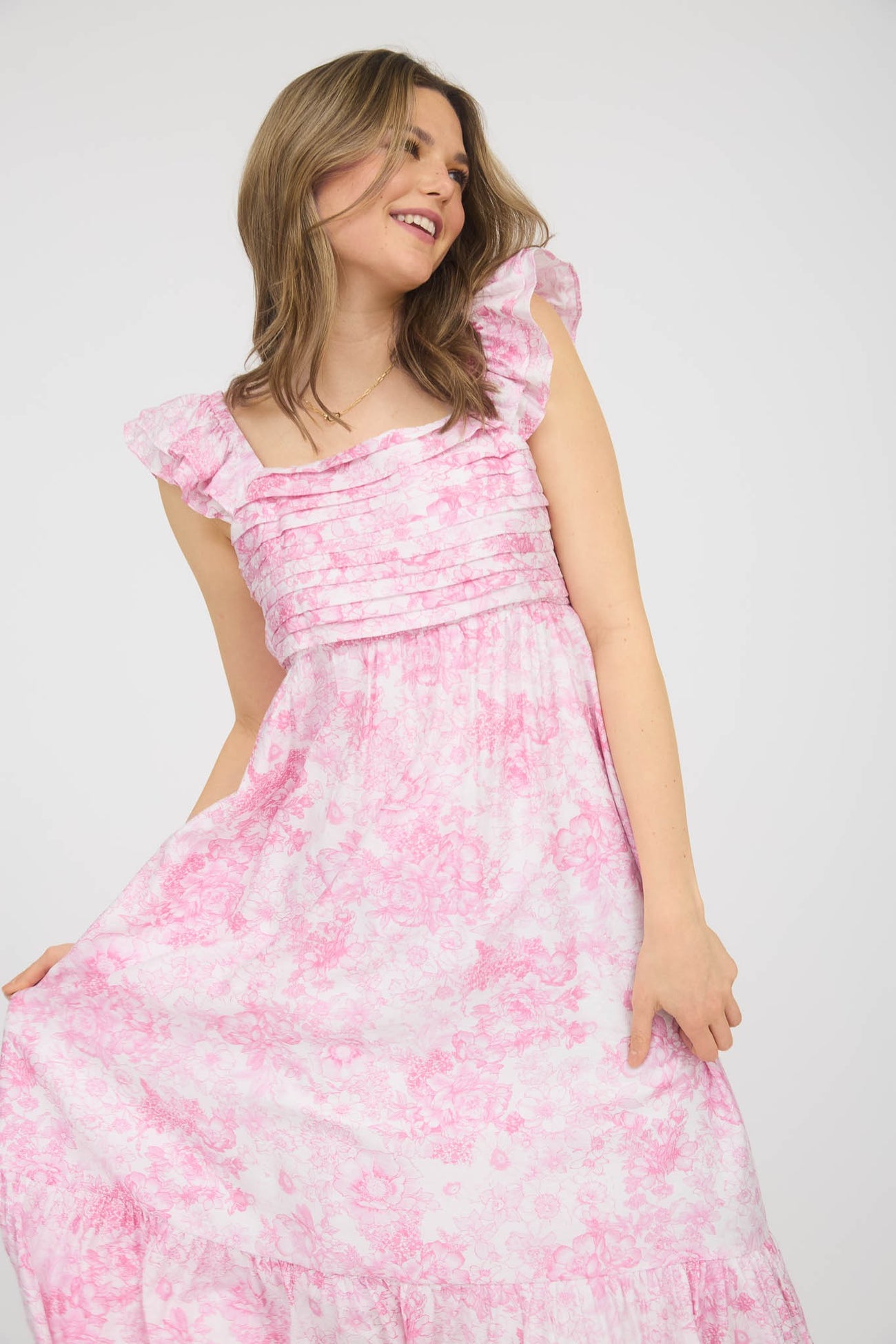 blush floral pleated ruffle midi dress Pink Floral Pleated Midi Dress PinkBlush