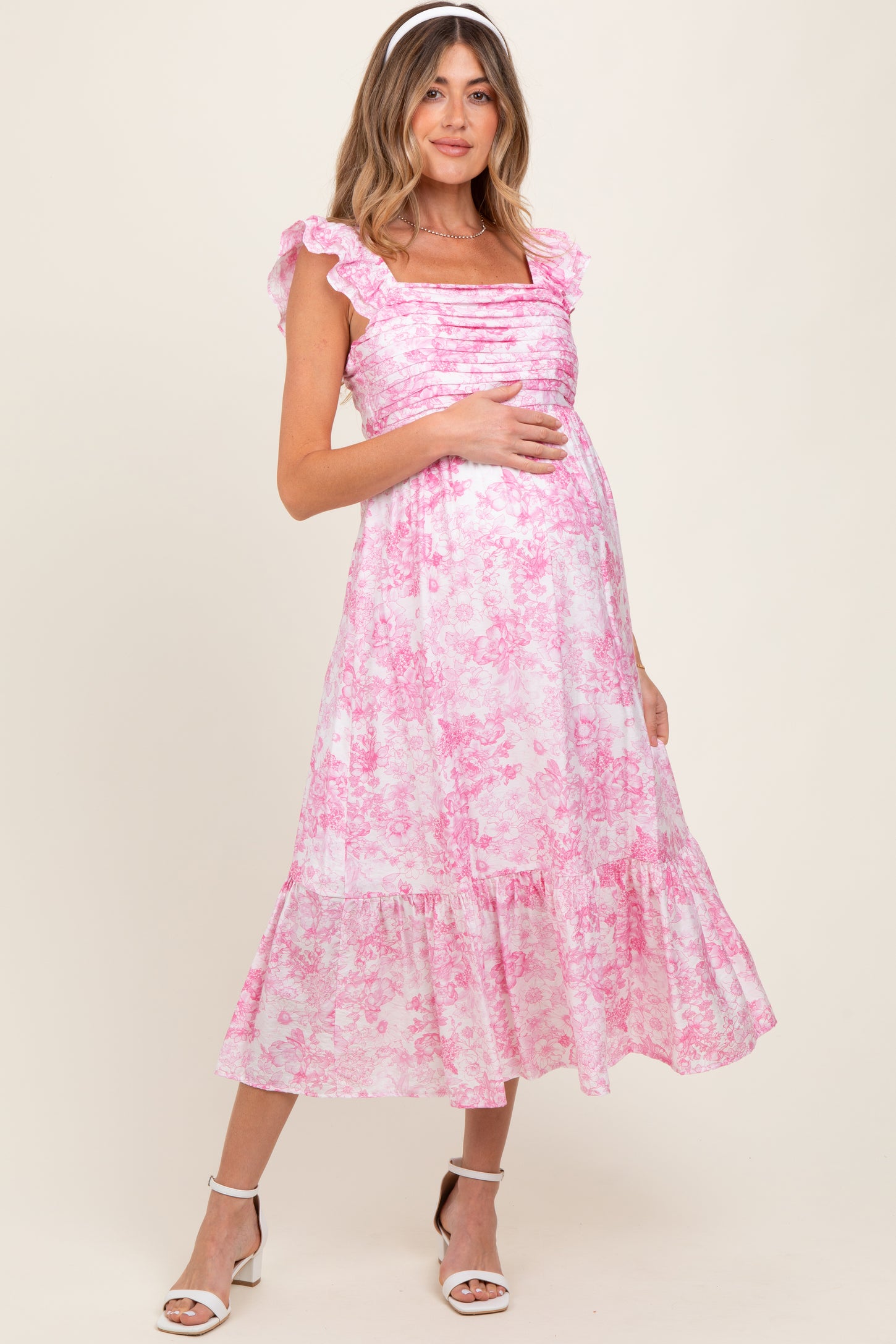 Pink Floral Ruffle Strap Pleated Bodice Maternity Midi Dress