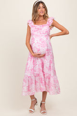 Pink Floral Ruffle Strap Pleated Bodice Maternity Midi Dress