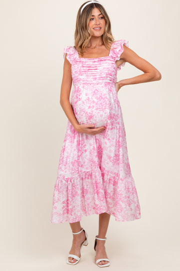 Pink Floral Ruffle Strap Pleated Bodice Maternity Midi Dress