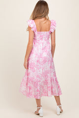 Pink Floral Ruffle Strap Pleated Bodice Maternity Midi Dress