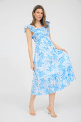 Blue Floral Ruffle Strap Pleated Bodice Midi Dress